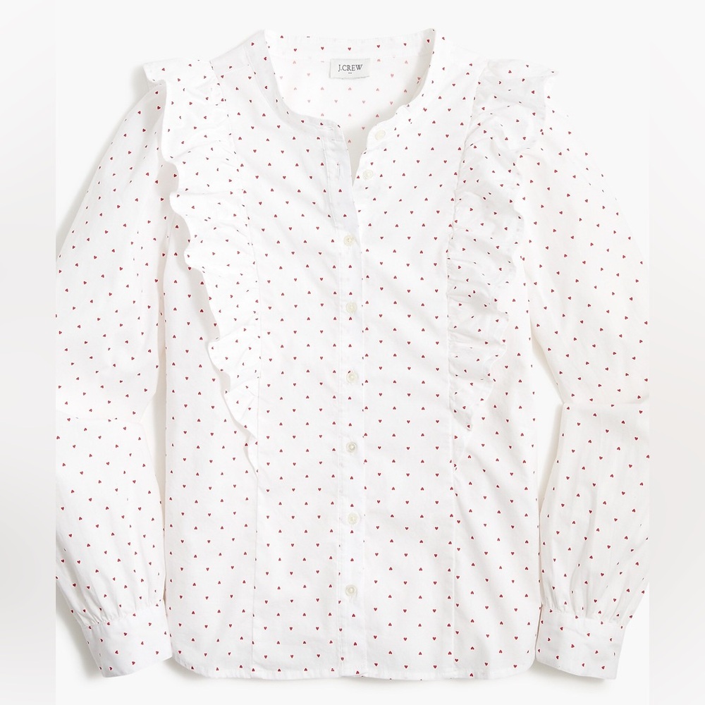J. Crew Factory White Poplin Button Down Shirt w/ Ruffles & Red Hearts. Size XS